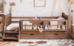 English Elm Twin Pine Floor Bed with Guardrails Built-in Bookcases and Stair Steps for Kids Natural W1580P430200
