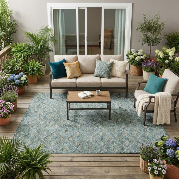 5 X 8 Teal Purple Geometric Polyester Area Rug Washable Stain Resistant Indoor Outdoor