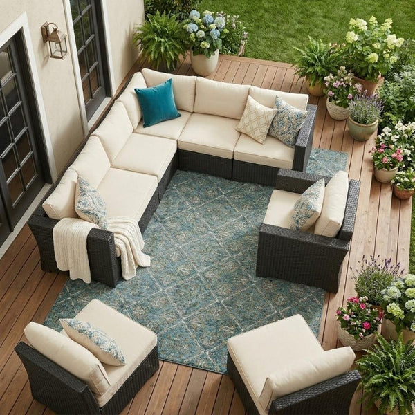 8 X 10 Teal Purple Geometric Polyester Washable Rug for Indoor Outdoor Living