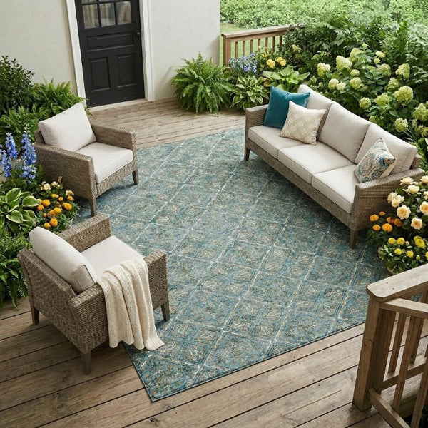 9x12 Geometric Teal Purple Polyester Area Rug Washable for Indoor Outdoor Spaces