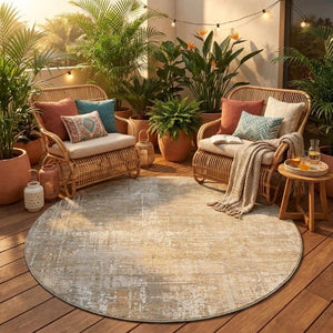8 Ft Round Ivory Blue Abstract Polyester Washable Rug for Patio or Family Room