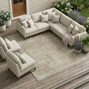 8x10 Ivory Blue Abstract Polyester Area Rug Washable for Indoor Outdoor Use