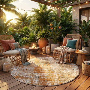 8 Foot Round Abstract Geometric Polyester Rug Washable Stain Resistant Patio Decor