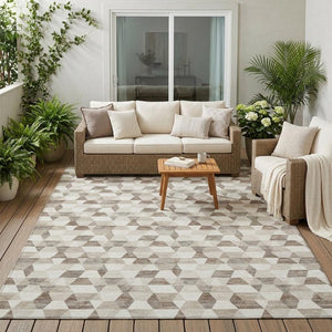 5x8 Ivory Graphite Geometric Polyester Area Rug Washable Stain Resistant Indoor Outdoor