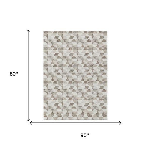 5x8 Ivory Graphite Geometric Polyester Area Rug Washable Stain Resistant Indoor Outdoor