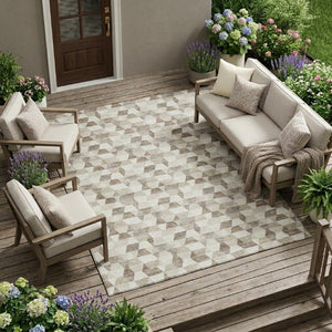 10 X 14 Ivory Graphite Geometric Polyester Washable Indoor Outdoor Area Rug