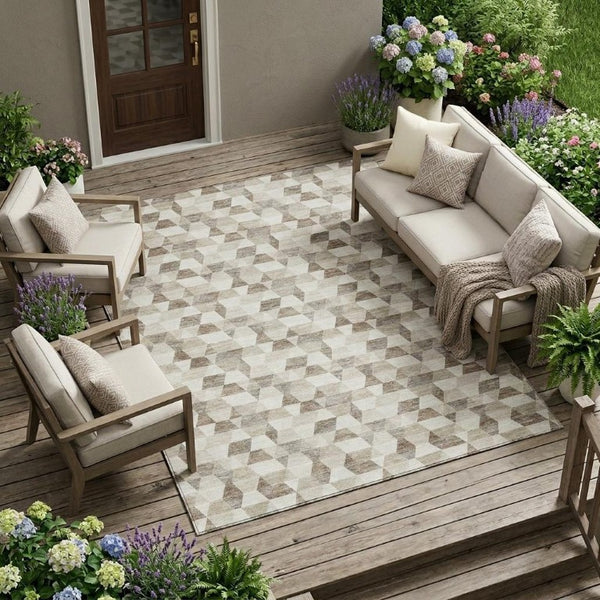 10 X 14 Ivory Graphite Geometric Polyester Washable Indoor Outdoor Area Rug