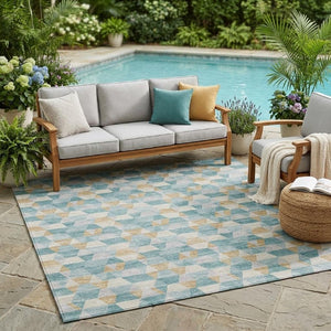 5 X 8 Teal Walnut Geometric Polyester Area Rug Washable for Indoor Outdoor Use
