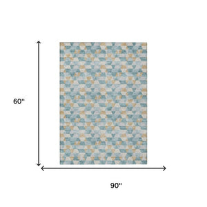 5 X 8 Teal Walnut Geometric Polyester Area Rug Washable for Indoor Outdoor Use