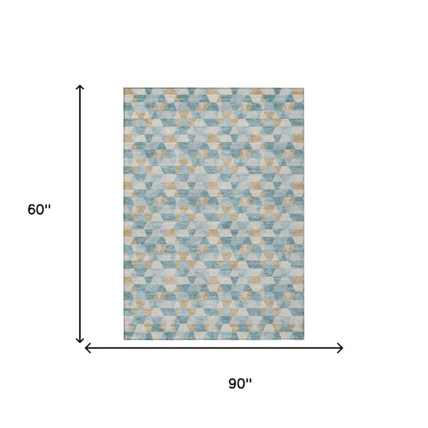 5 X 8 Teal Walnut Geometric Polyester Area Rug Washable for Indoor Outdoor Use