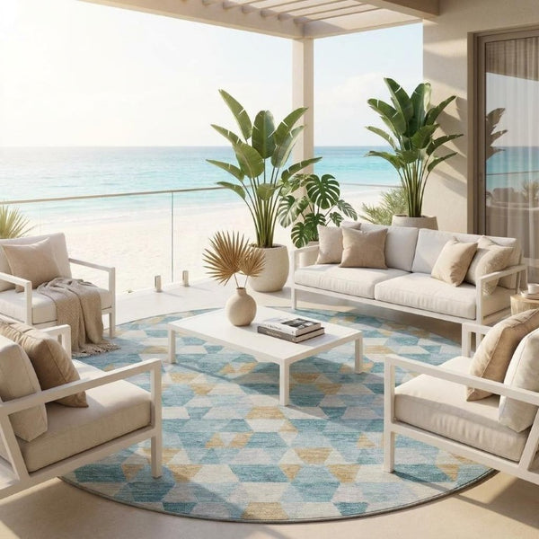 8 Foot Round Geometric Polyester Area Rug Teal Walnut Washable Indoor Outdoor