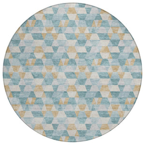 HomeRoots 8 Foot Round Geometric Polyester Area Rug Teal Walnut Washable Indoor Outdoor 736878