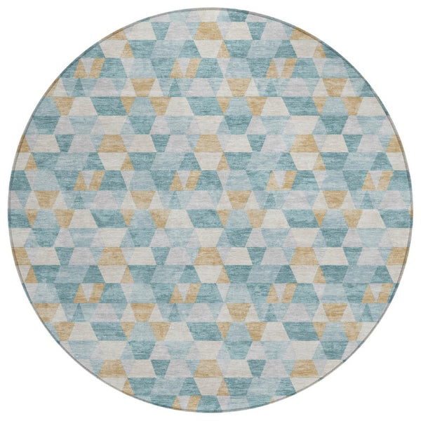 HomeRoots 8 Foot Round Geometric Polyester Area Rug Teal Walnut Washable Indoor Outdoor 736878