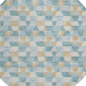 8 Foot Round Geometric Polyester Area Rug Teal Walnut Washable Indoor Outdoor