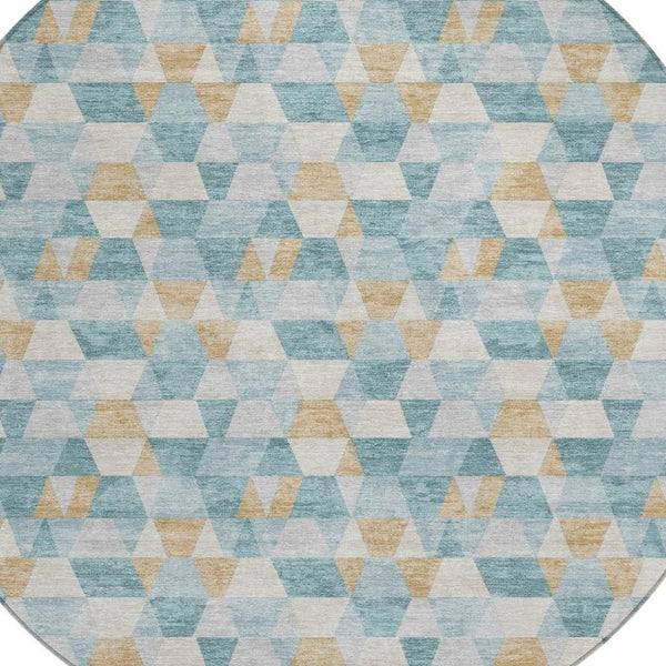 8 Foot Round Geometric Polyester Area Rug Teal Walnut Washable Indoor Outdoor