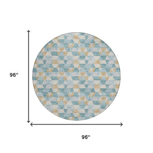 8 Foot Round Geometric Polyester Area Rug Teal Walnut Washable Indoor Outdoor