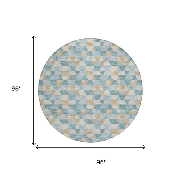 8 Foot Round Geometric Polyester Area Rug Teal Walnut Washable Indoor Outdoor