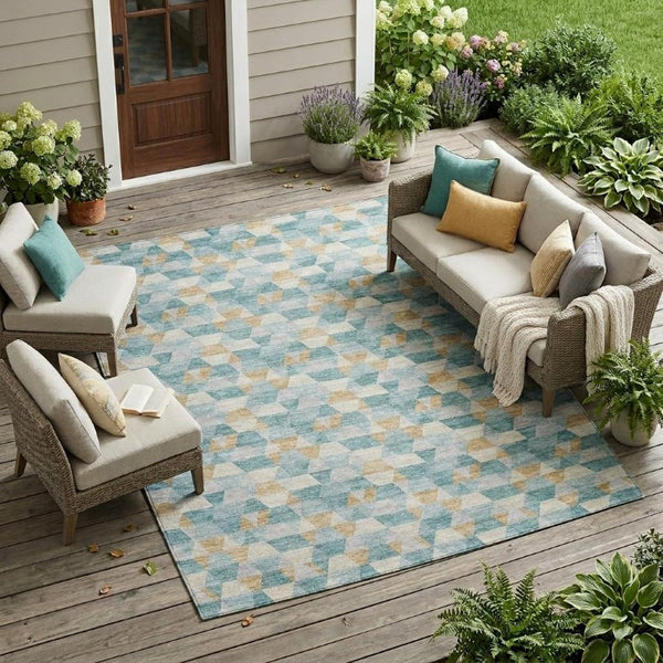 10 X 14 Teal Walnut Geometric Polyester Area Rug Washable Stain Resistant Patio