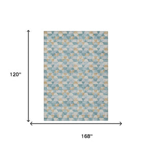 10 X 14 Teal Walnut Geometric Polyester Area Rug Washable Stain Resistant Patio