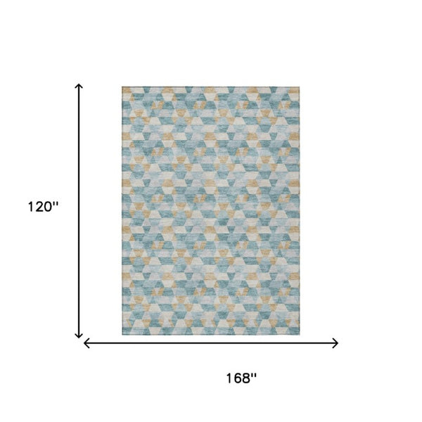 10 X 14 Teal Walnut Geometric Polyester Area Rug Washable Stain Resistant Patio