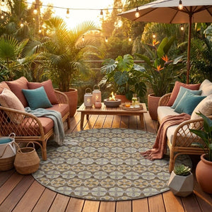 8 Foot Round Striped Polyester Area Rug Washable and Stain Resistant for Patio