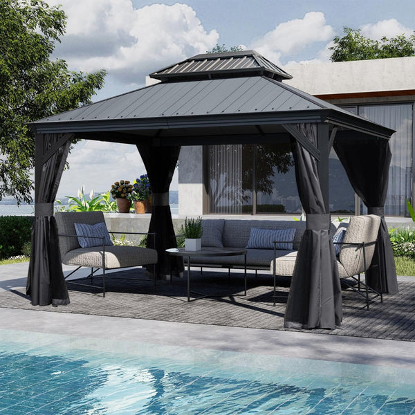 English Elm 10x12ft Lean to Hardtop Gazebo Wall Mounted Steel Roof Shelter for Deck Patio W1859S00182