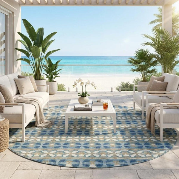 8 Ft Round Striped Teal Polyester Area Rug Washable for Patio Porch and Family Room