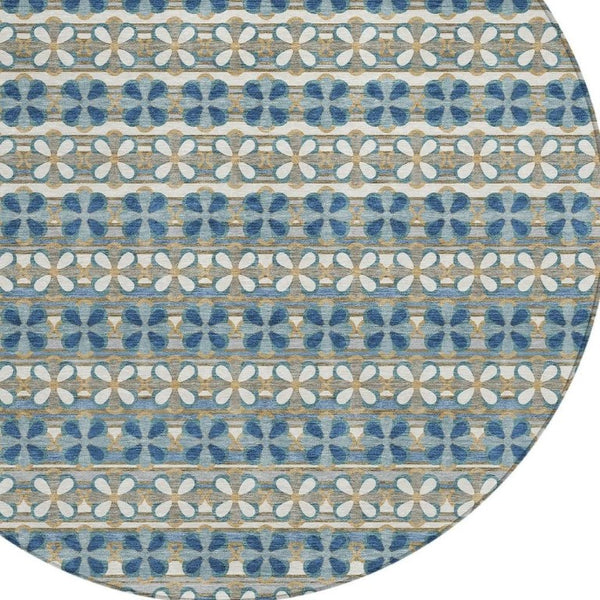 HomeRoots 8 Ft Round Striped Teal Polyester Area Rug Washable for Patio Porch and Family Room 736914