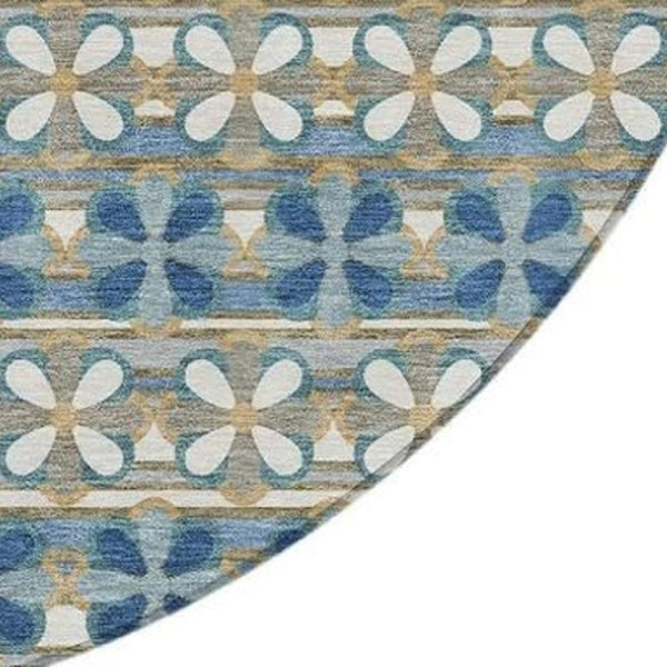 8 Ft Round Striped Teal Polyester Area Rug Washable for Patio Porch and Family Room