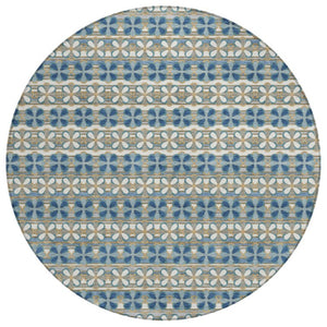 8 Ft Round Striped Teal Polyester Area Rug Washable for Patio Porch and Family Room