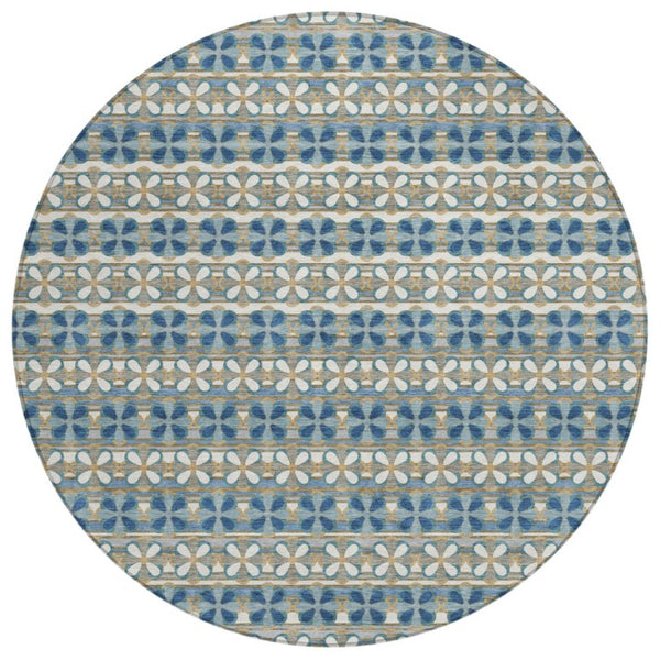 8 Ft Round Striped Teal Polyester Area Rug Washable for Patio Porch and Family Room