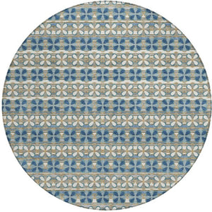 8 Ft Round Striped Teal Polyester Area Rug Washable for Patio Porch and Family Room