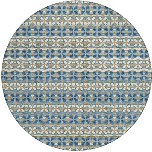 8 Ft Round Striped Teal Polyester Area Rug Washable for Patio Porch and Family Room