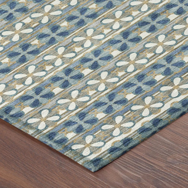 8 Ft Round Striped Teal Polyester Area Rug Washable for Patio Porch and Family Room