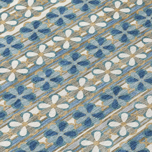 8 Ft Round Striped Teal Polyester Area Rug Washable for Patio Porch and Family Room
