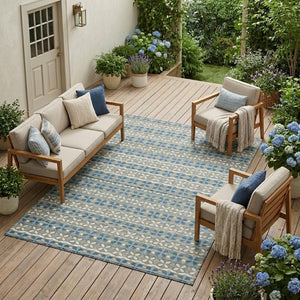 9 X 12 Teal Striped Polyester Area Rug Washable Stain Resistant Indoor Outdoor Use