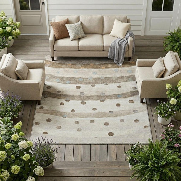 9 X 12 Ivory Purple Striped Polyester Area Rug Washable Stain Resistant Indoor Outdoor