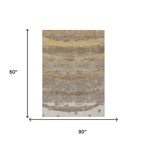 5 X 8 Taupe Gold Stripe Polyester Area Rug Washable for Patio Porch or Living Room
