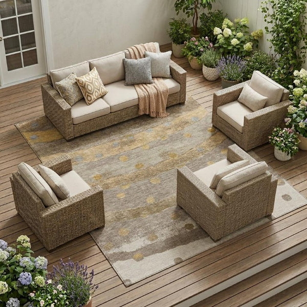 8 X 10 Taupe Gold Stripe Polyester Area Rug Washable Stain Resistant Patio Home