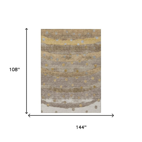 9x12 Taupe Gold Stripe Polyester Area Rug Washable Stain Resistant Indoor Outdoor