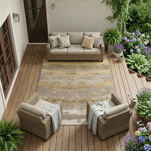 10 Ft X 14 Ft Taupe Gold Stripe Polyester Area Rug Washable for Patio or Living Room