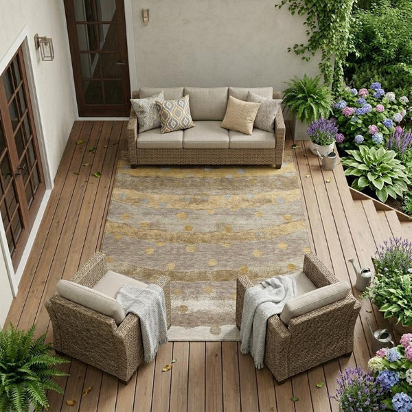 10 Ft X 14 Ft Taupe Gold Stripe Polyester Area Rug Washable for Patio or Living Room