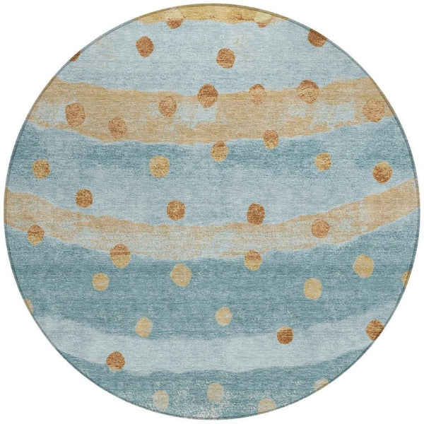 8 Foot Round Striped Polyester Rug Teal Graphite Stain Resistant Indoor Outdoor