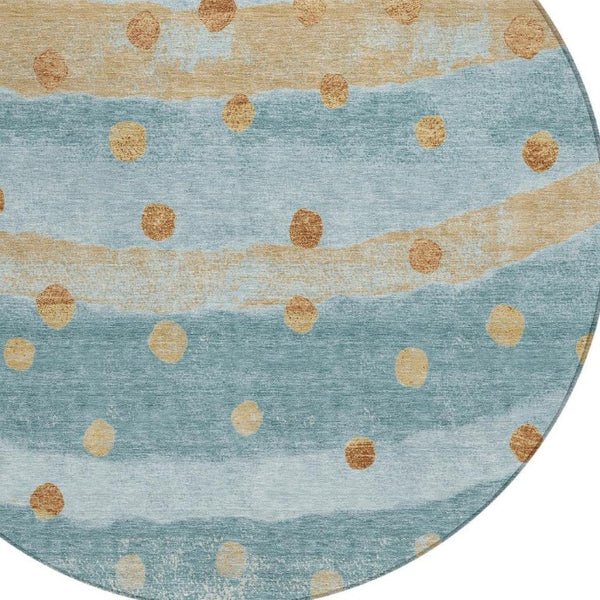 8 Foot Round Striped Polyester Rug Teal Graphite Stain Resistant Indoor Outdoor