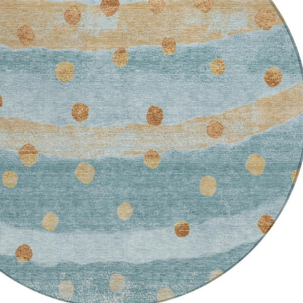 8 Foot Round Striped Polyester Rug Teal Graphite Stain Resistant Indoor Outdoor