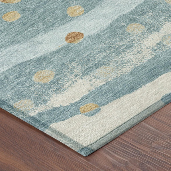 8 Foot Round Striped Polyester Rug Teal Graphite Stain Resistant Indoor Outdoor