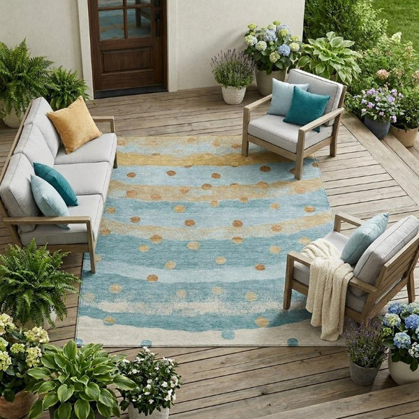 8x10 Teal Graphite Stripe Polyester Area Rug Washable for Patio Porch or Living Room