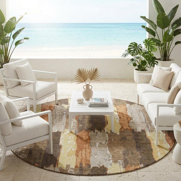8 Ft Round Abstract Polyester Area Rug for Patio Porch or High Traffic Indoor Spaces