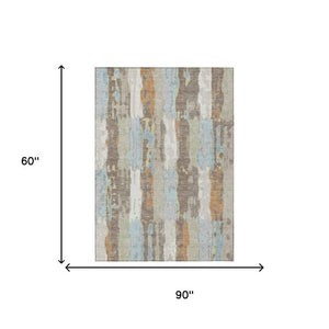 5 X 8 Ivory Blue Abstract Polyester Area Rug Washable for Indoor Outdoor Use