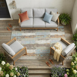 9 X 12 Ivory Blue Abstract Polyester Area Rug Washable for Patio or Living Room
